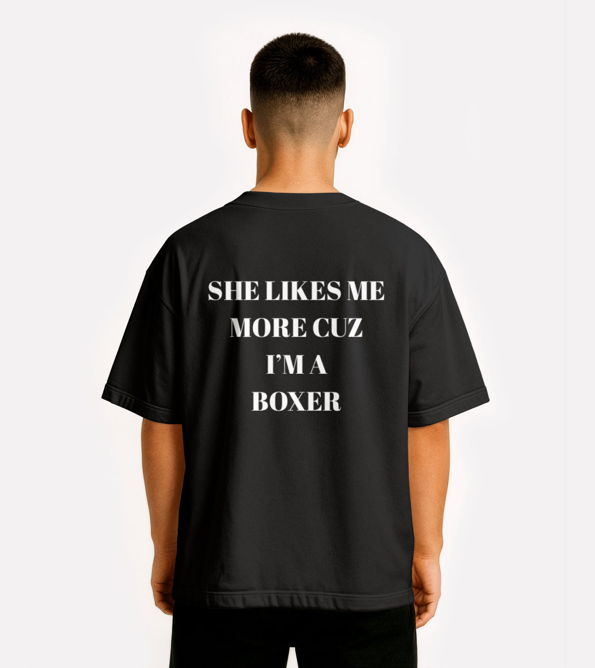 Boxer T-Shirt — "She Likes Me More 'Cause I'm a Boxer" Counter Club Tee